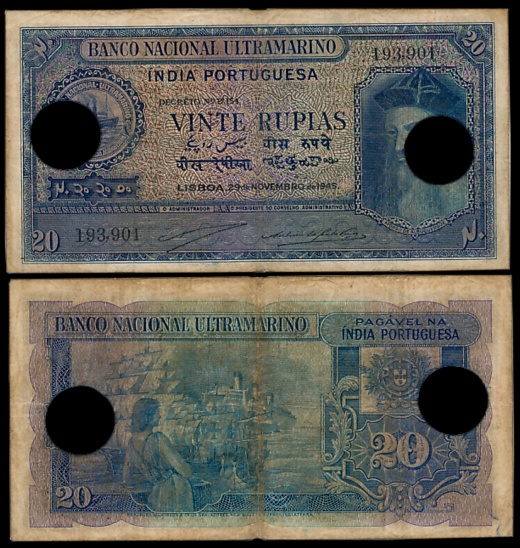 Indo Portuguese, Goa, 20 Rupias, 6th issue, Type 31, Signed P-2 A-4, Two cancellation hole