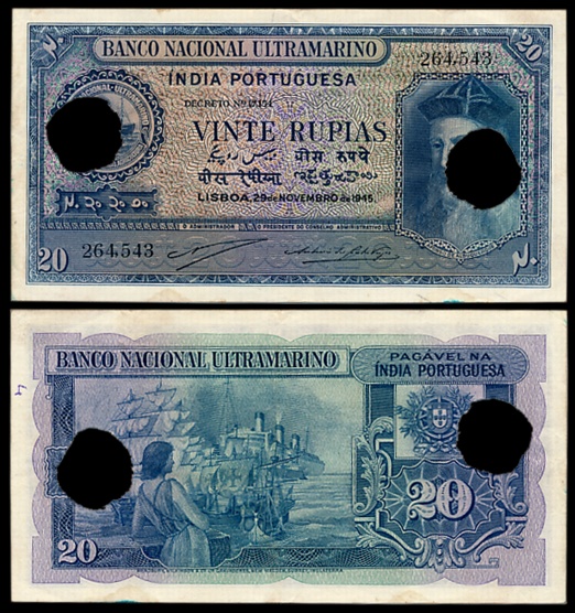 Indo Portuguese, Goa, 20 Rupias, 6th issue, Type 31, Signed P-2 A-4, Two cancellation hole