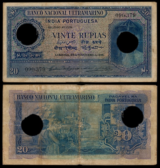 Indo Portuguese, Goa, 20 Rupias, 6th issue, Type 31, Signed P-2 A-5, Two cancellation hole