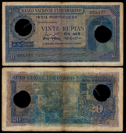 Indo Portuguese, Goa, 20 Rupias, 6th issue, Type 31, Signed P-2 A-7, Two cancellation hole