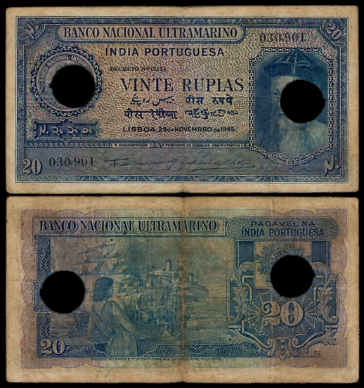 Indo Portuguese, Goa, 20 Rupias, 6th issue, Type 31, Signed P-2 A-7, Two cancellation hole