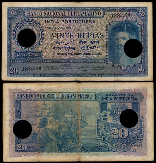 Indo Portuguese, Goa, 20 Rupias, 6th issue, Type 31, Signed P-2 A-8, Two cancellation hole