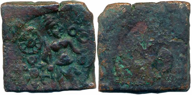 Ujjain, uninscribed die-struck, Copper, 3.82g, “standing man” type, Obv: Man standing hold