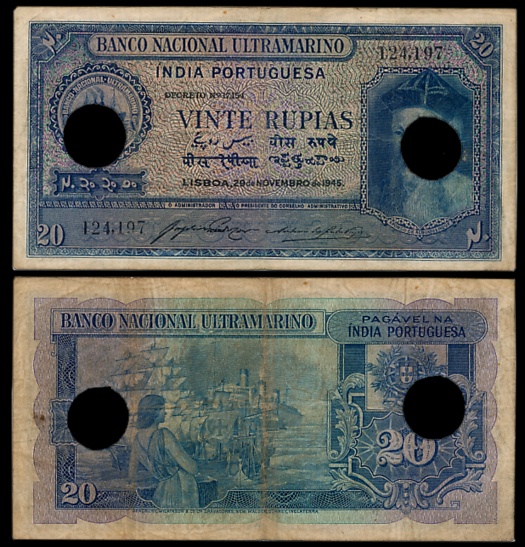 Indo Portuguese, Goa, 20 Rupias, 6th issue, Type 31, Signed P-2 A-9, Two cancellation hole