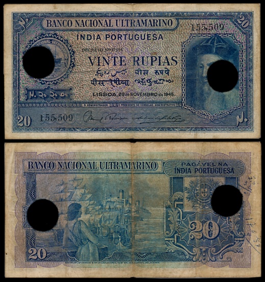 Indo Portuguese, Goa, 20 Rupias, 6th issue, Type 31, Signed P-2 A-10, Two cancellation hol