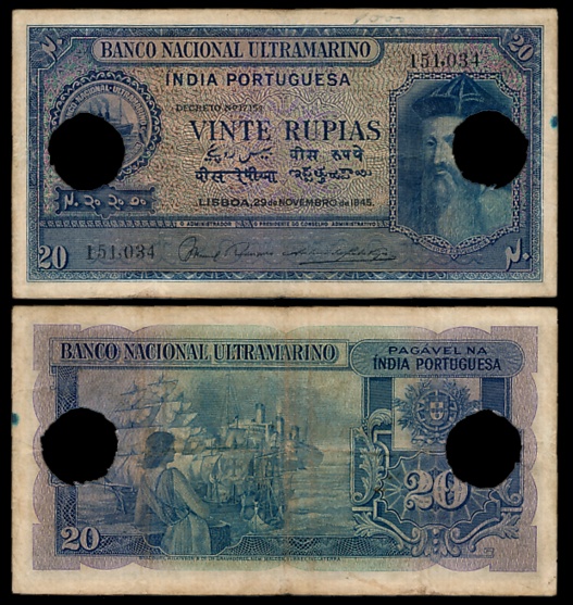 Indo Portuguese, Goa, 20 Rupias, 6th issue, Type 31, Signed P-2 A-10, Two cancellation hol