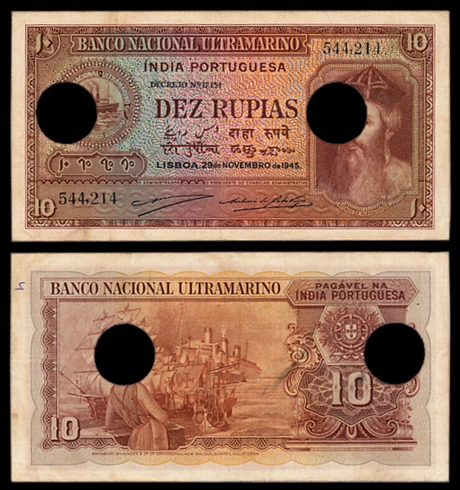 Indo Portuguese, Goa, 10 Rupias, 6th issue, Type 30, Signed P-2 A-4, Two cancellation hole