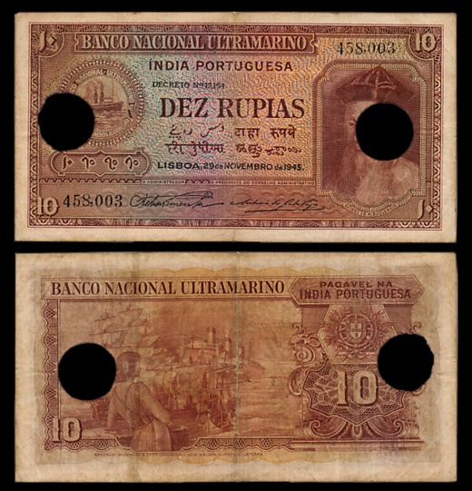 Indo Portuguese, Goa, 10 Rupias, 6th issue, Type 30, Signed P-2 A-8, Two cancellation hole