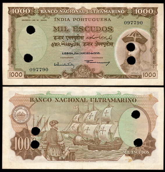 Indo Portuguese, Goa, 1000 Escudoes, 7th issue, Type 40, Signed G-4 A-12, Four cancellatio