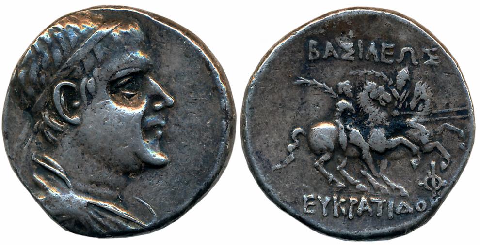 Indo Greeks, Eucratides I, Silver Tetradrachm, 14.75g, Obv: Diademed bust of king facing r