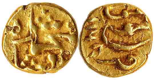 Muhammad Shah, Gold Pagoda, 2.64g, Guti Mint, AH 1161 (KM# E440.2). Very fine+, very rare.