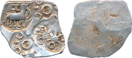 Punch Marked, Attributed to Vidarbha Janapada, Silver 1/2 Karshapana, 1.54g, Uniface, four