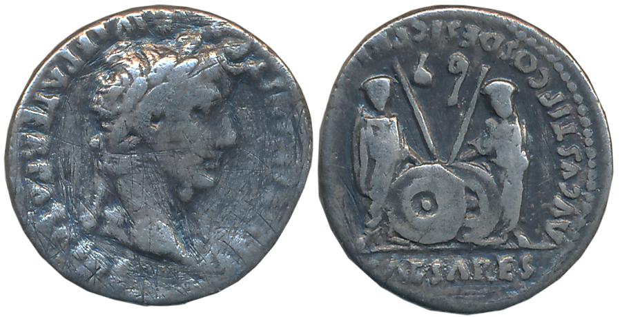Romans, Augustus Caesar, Silver Denarius, 3.56g, Obv: His laureate head to right, ‘CAESAR 