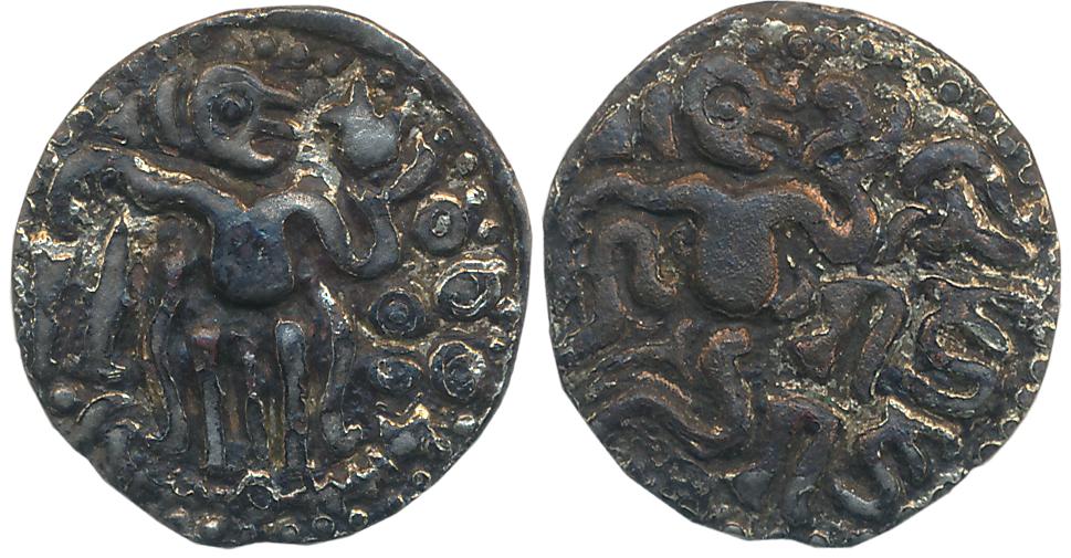 Imperial Cholas, Raja Raja I, Debased Silver Kanvahu, 3.54g, Obv: King reclining with Deva