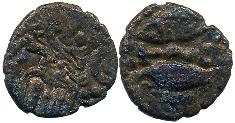 Pandya, Jatavarman Sundara Pandya I, Copper, 2.35g, Obv: Chola like standing figure, Rev: 