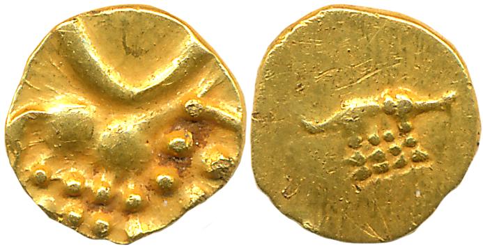 Hoysalas of Dwarasamudra, Gold Fanam, 0.39g, Obv: Lion to right crescent above, Rev: Boar 
