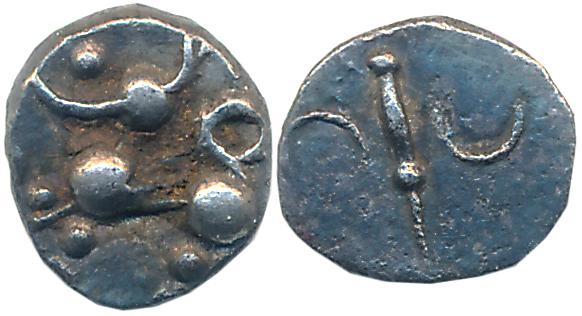 Hoysalas of Dwarasamudra, Silver Tara, 0.19g, Obv: Lion facing left, Rev: Ankusha. Very fi