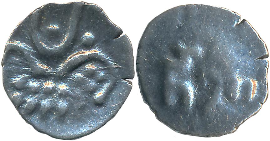 Hoysalas, Silver Tara, 0.29g, Obv: Lion to right with crescent like curve on his back, Rev