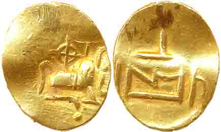 Orissa, Gold, Ganga Fanam, 0.53g, Obv: Bull to right, Rev: Two lines of legend, Very fine,