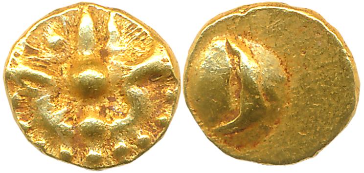 Shilaharas of Kolhapur, Gold, 0.77 g, Double Fanam, Obv: Trident, Rev: Globule (Mitch K & 
