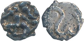 Shilaharas issues, Wai - Karad, Silver 1/4 Tara, 0.08g, Obv: Hanuman running to right with