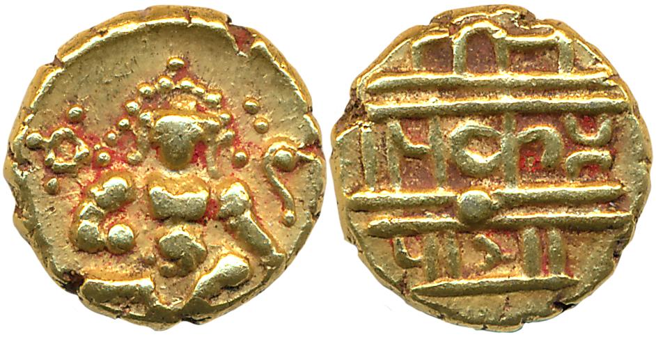Vijaynagar Empire, Krishnadevraya, Gold 1/2 Varaha, 1.68g, Obv: Lord Balakrishna seated fa