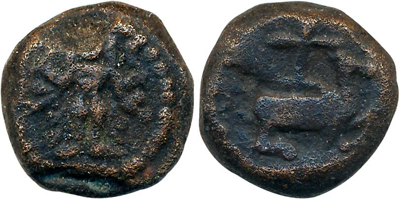 Tanjore Nayakas, Copper, Heavy Unit, 10.20g, Obv: Lord Vishnu standing, Rev: Shivpindi bel