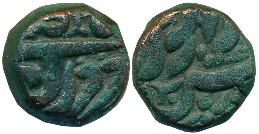 Akbar, Copper 1/2 Dam, 10.29g, Balapur Mint (KM# 32.32). Very fine.