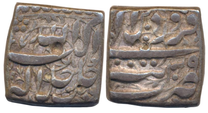 Akbar, Silver Square Rupee, 11.21g, “Jalalahu” type, Tatta Mint, Ilahi Month Farwardin, Ye