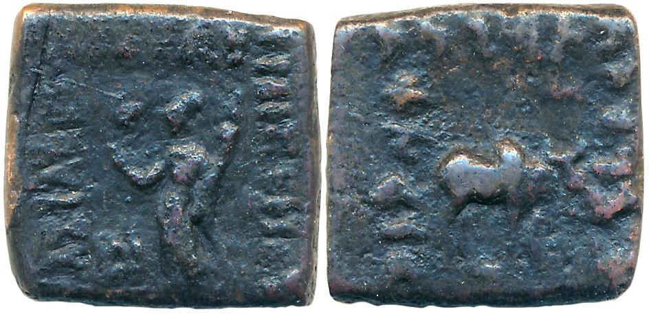 Indo Greeks, Philoxenos, Copper, 8.56g, Obv: Tyche standing holding cornucopia, Greek lege