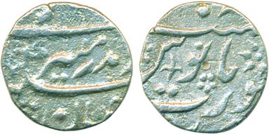 Aurangzeb, Silver 1/4 Rupee, 2.66g, Surat Mint, mint name as a divider line at bottom on r