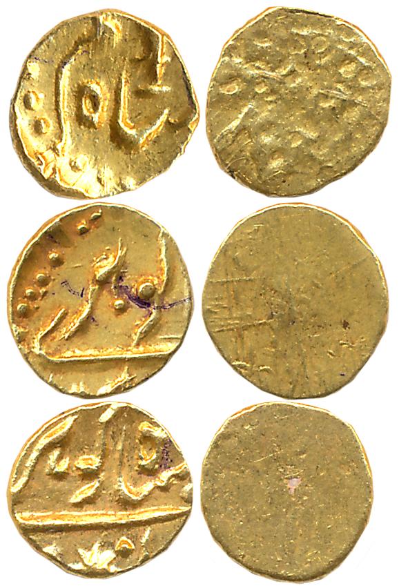 Alamgir II, Gold 1/2 Fanam, (3), 0.22g, 0.22g, 0.23g, Karapa Mint (KM# B450.1). Very fine+