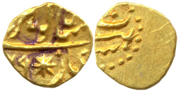 Shah Alam II, Gold 1/2 Apranji Fanam, 0.18g, Siddhaut Mint, in the name of Shah Gauhar, AH