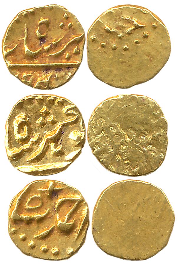 Gold 1/2 Fanam (3), 0.22g, 0.22g, 0.22g, Muhammad Shah, Ahmad Shah, Alamgir II, Karapa Min