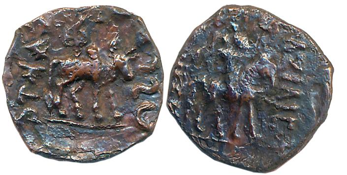 Indo Scythians, Azilises, Copper Fraction, 1.34g, Obv: King mounted on horse holding spear