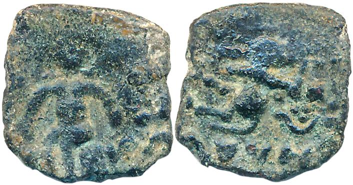 Indo Scythians, Mujatria son of Kharahostes, Copper, 1.68g, Obv: King mounted on horse hol