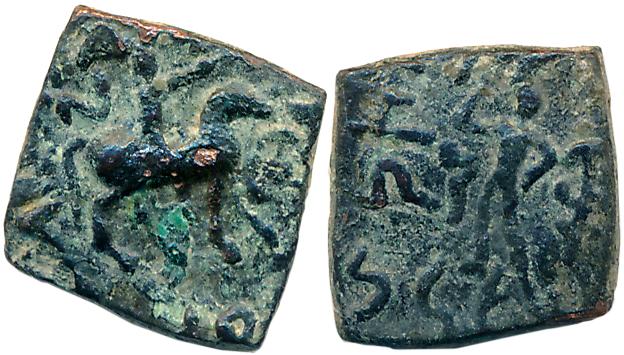 Indo Scythians, Mujatria son of Kharahostes, Copper, 2.14g, Obv: King mounted on horse hol