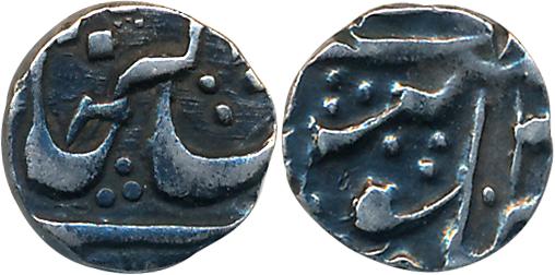 Mahadaji Rao, Silver 1/8 Rupee, 1.45g, Ujjain Mint, in the name of Shah Alam II (KM# 214).