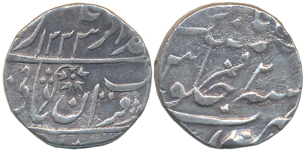 Daulat Rao, Silver Rupee, 10.95g, in the name of Muhammad Akbar II, AH 1223/ RY 2 (KM# 62)