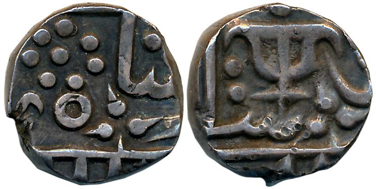 Jayaji Rao, Silver 1/2 Rupee, 5.46g, in the name of Shah Alam II with initials of Jayaji R