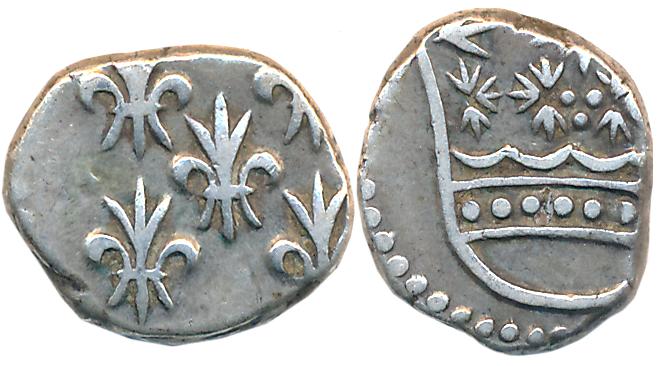 Silver 2 Fanon, 3.00g, Obv: Fleur de lis, Rev: Indian crown (KM# 49). Very fine, rare.