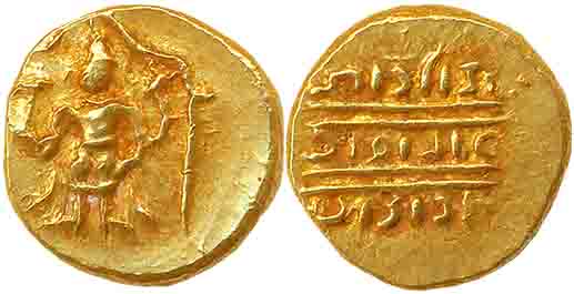 Gold 1/2 Pagoda, 1.74g, Pulicat Mint, Obv: Lord Venkateshwara, standing within a decorated