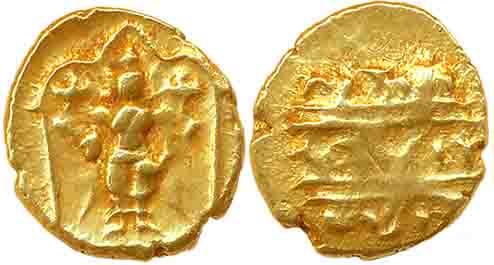 Gold 1/2 Pagoda, 1.73g, Pulicat Mint, Obv: Lord Venkateshwara, standing within a decorated