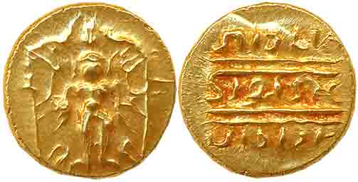 Gold 1/2 Pagoda, 1.71g, Pulicat Mint, Obv: Lord Venkateshwara, standing within a decorated
