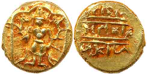 Gold 1/2 Pagoda, 1.73g, Pulicat Mint, Obv: Lord Venkateshwara, standing within a decorated