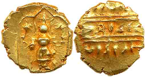 Gold 1/2 Pagoda, 1.73g, Pulicat Mint, Obv: Lord Venkateshwara, standing within a decorated