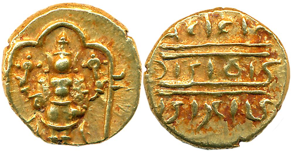 Gold 1/2 Pagoda, 1.71g, Pulicat Mint, Obv: Lord Venkateshwara, standing within a decorated