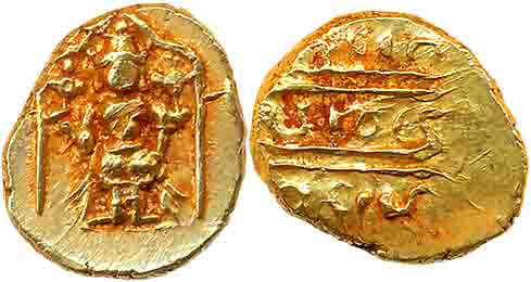 Gold 1/2 Pagoda, 1.74g, Pulicat Mint, Obv: Lord Venkateshwara, standing within a decorated