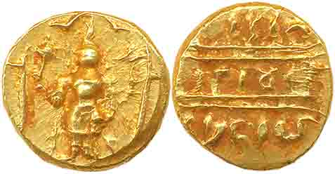 Gold 1/2 Pagoda, 1.71g, Pulicat Mint, Obv: Lord Venkateshwara, standing within a decorated