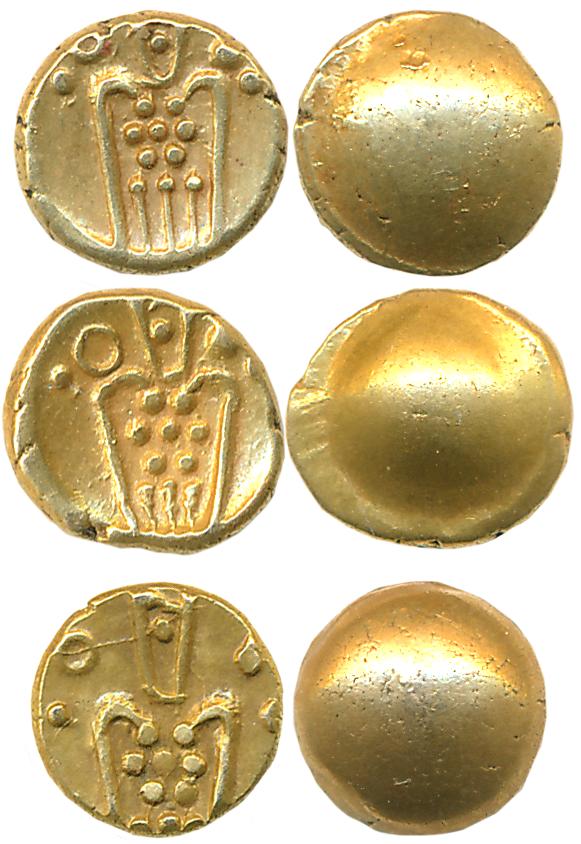 Gold Fanam (3), 0.42g, 0.41g, 0.41g, Obv: Degenerate Kali with a trident to right, Rev: Gl